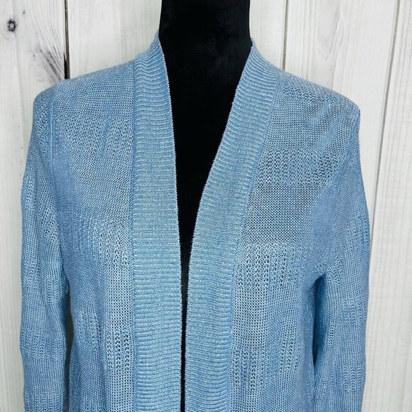 Talbots Womens Sz M Blue 100% Linen Open Front Duster Cardigan Sweater - Picture 2 of 13